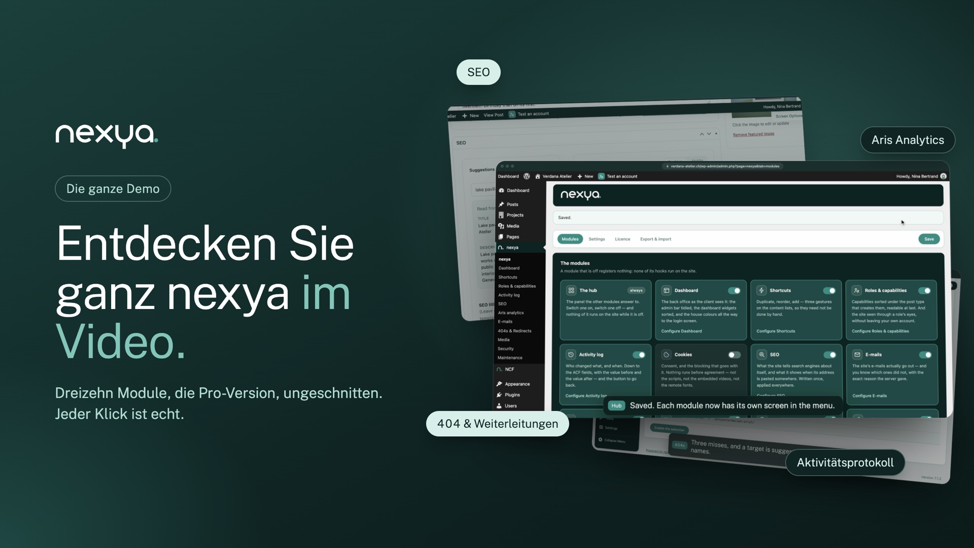 Présentation vidéo de Nexya avec captures d écran d un tableau de bord WordPress et texte promotionnel en allemand.