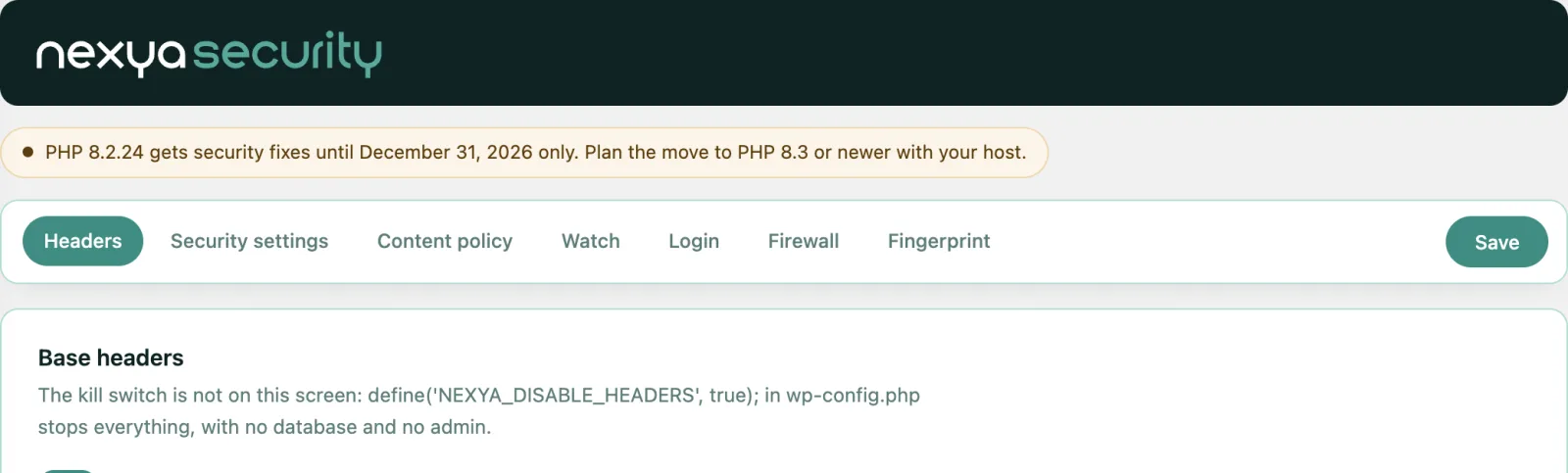 L’alerte de version de PHP dans le module Sécurité de nexya