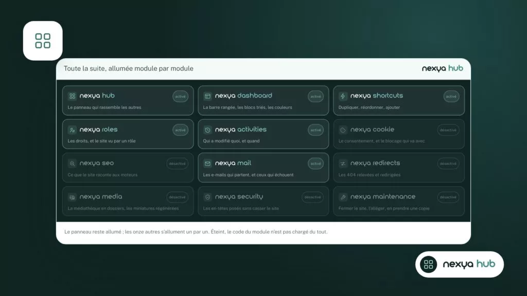 Le module Cookies s'allume depuis le hub. Éteint, il n'exécute rien sur le site.