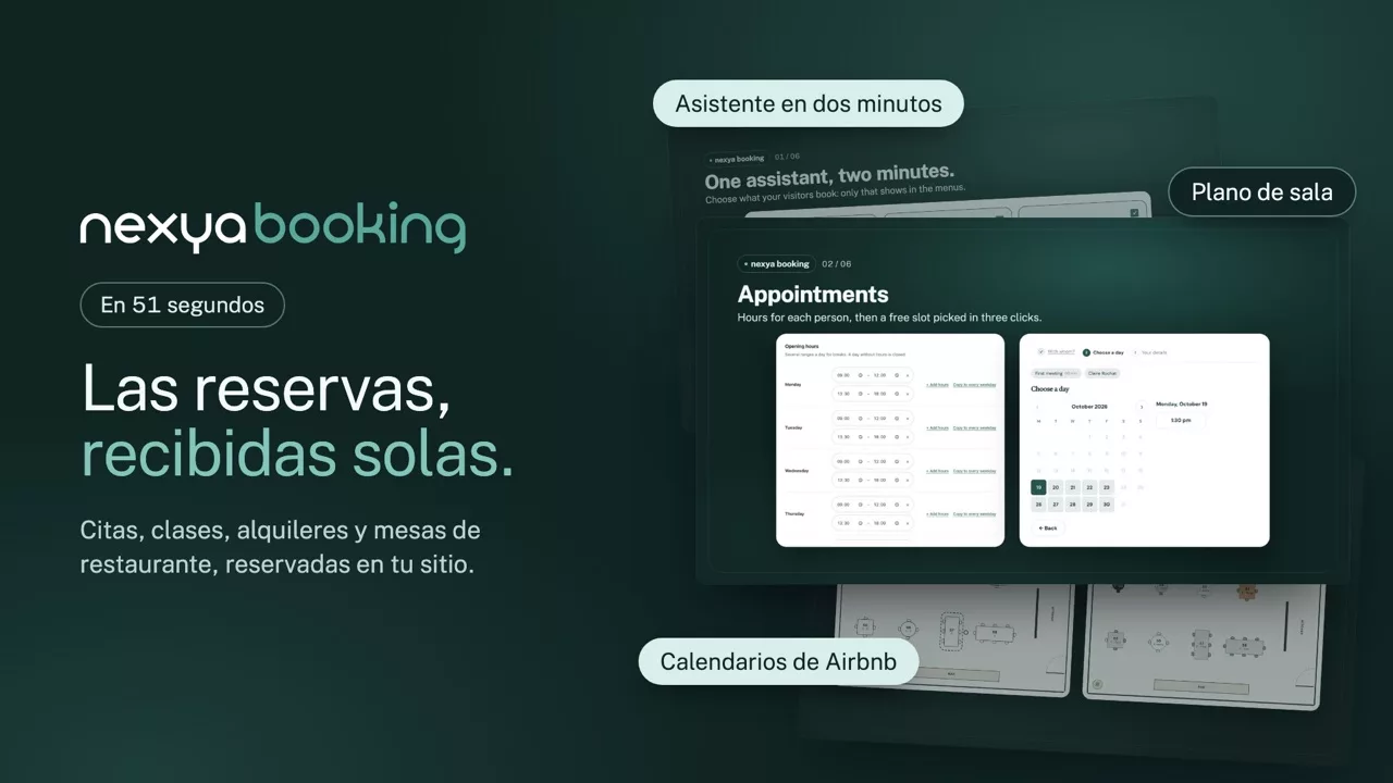 nexya Booking en vídeo: Citas, clases, alquileres y mesas de restaurante: tus visitantes reservan solos un hueco libre, en tu sitio.