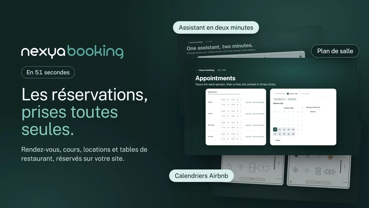 nexya Booking en vidéo : Rendez-vous, cours, locations et tables de restaurant : vos visiteurs réservent seuls un créneau libre, sur votre site.