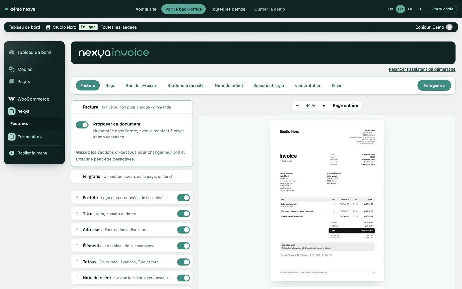 Éditeur de factures PDF avec QR-facture suisse dans nexya Invoice