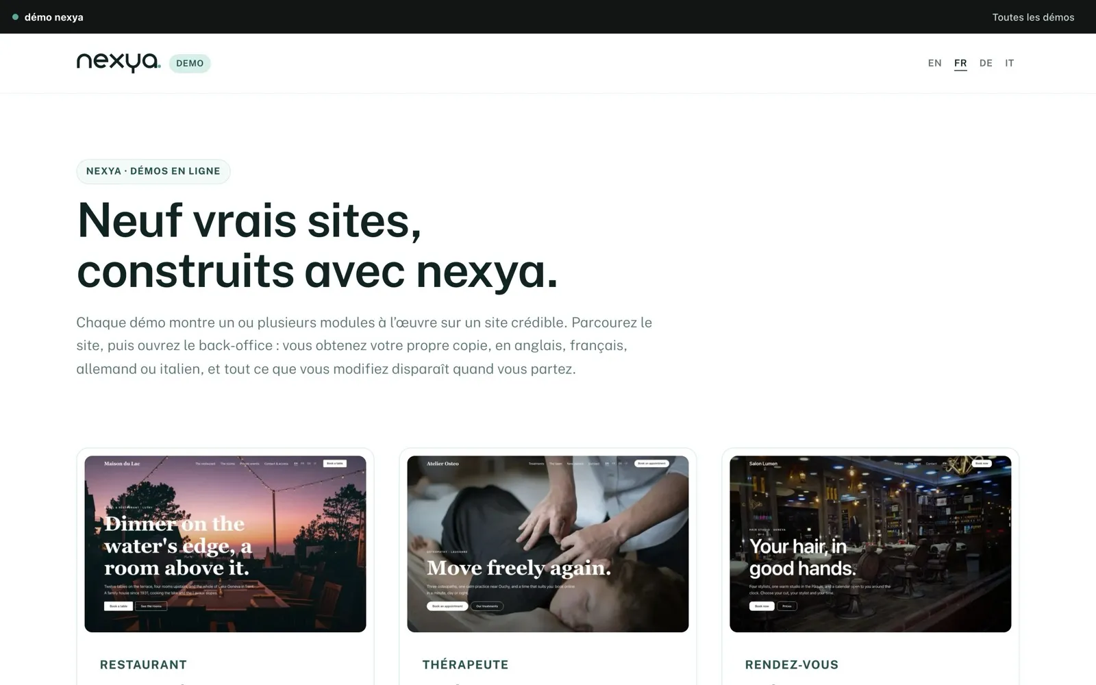 Galerie des neuf sites de démo WordPress nexya sur demo.nexya.dev