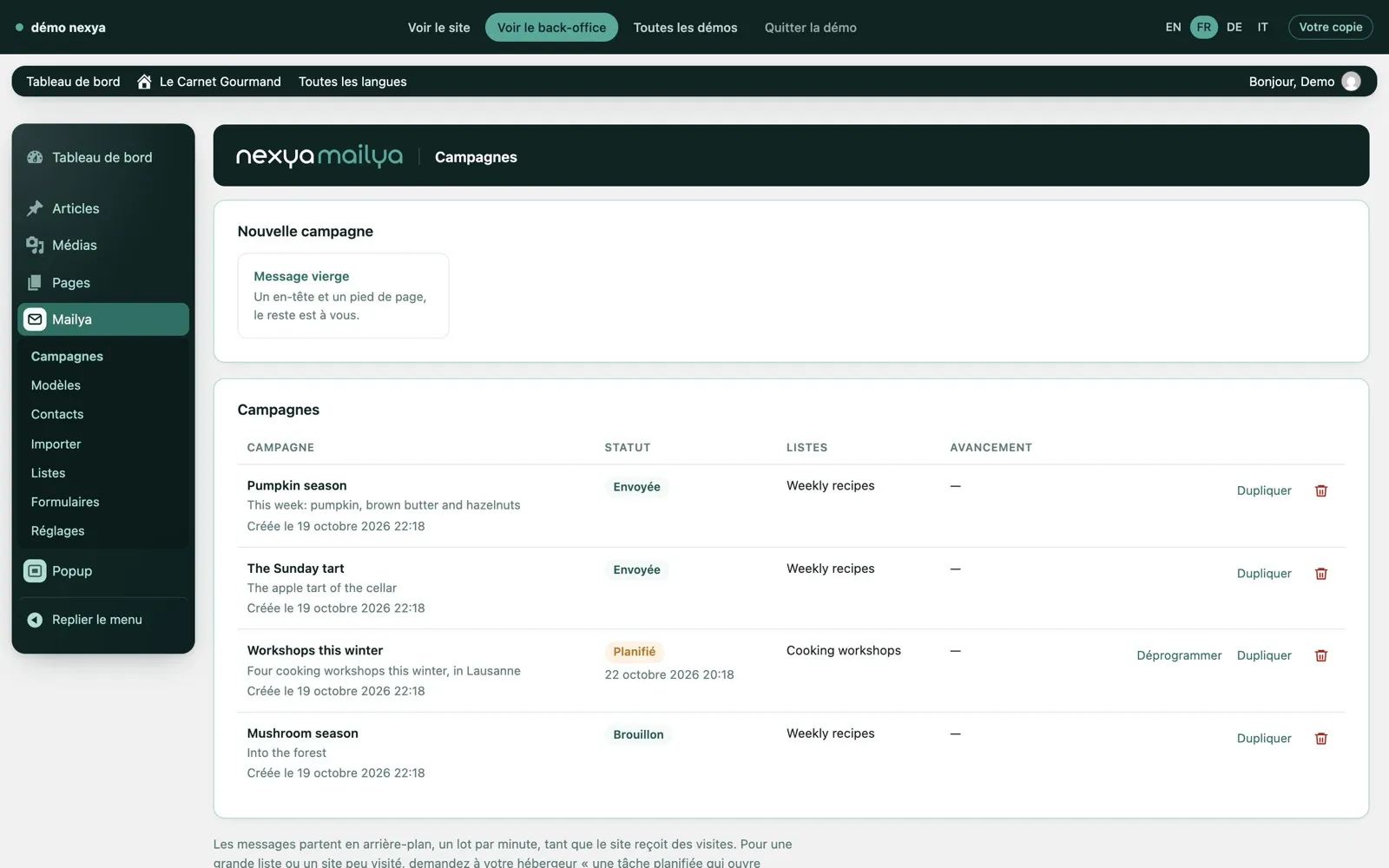 Liste des campagnes de newsletter WordPress dans nexya Mailya