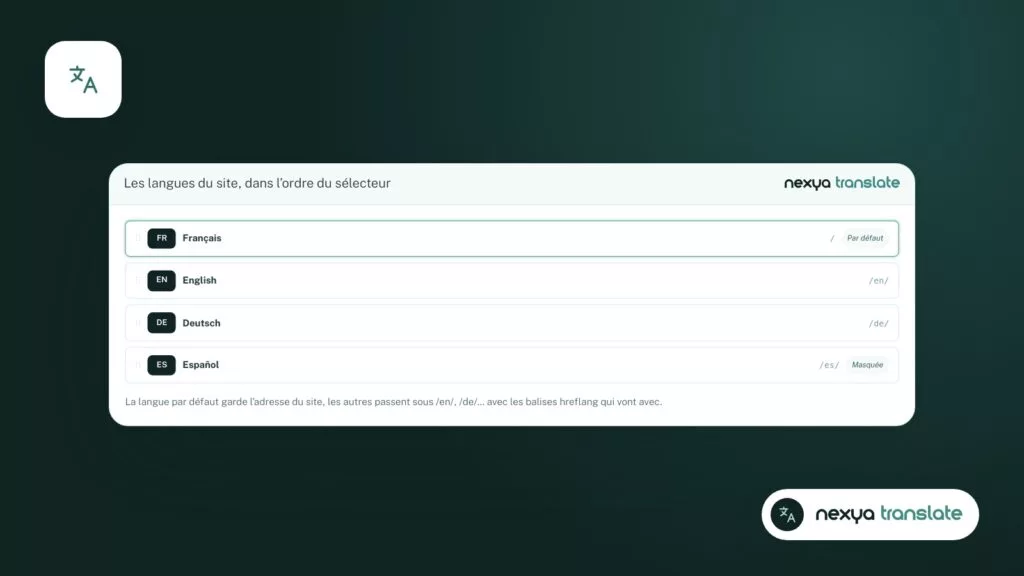 Les langues du site dans Translate, où le cookie nexya_lang peut désormais être désactivé.