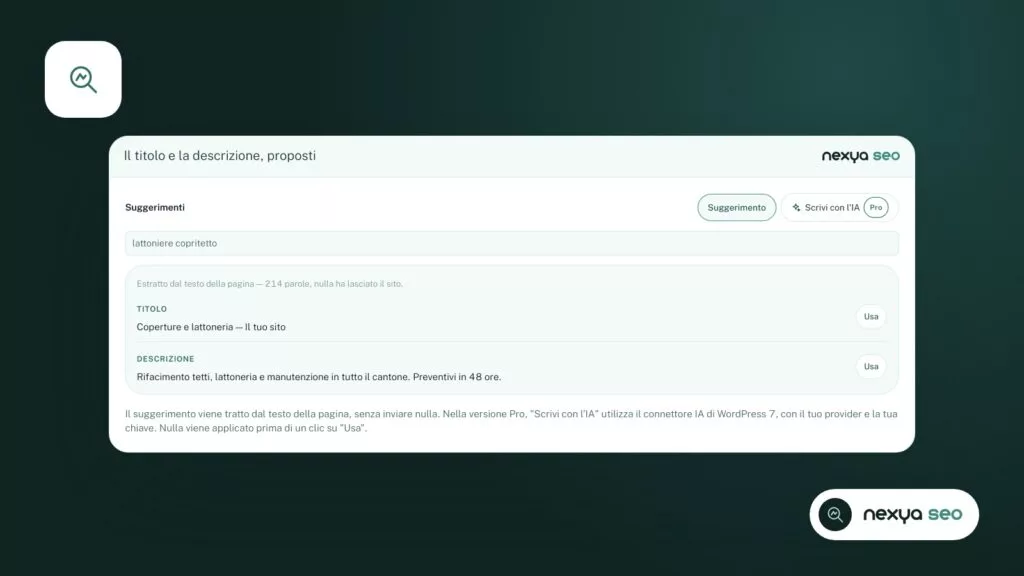 Il modulo SEO propone un titolo e una descrizione estratti dal testo della pagina. Nulla viene pubblicato finché non lo salvate.