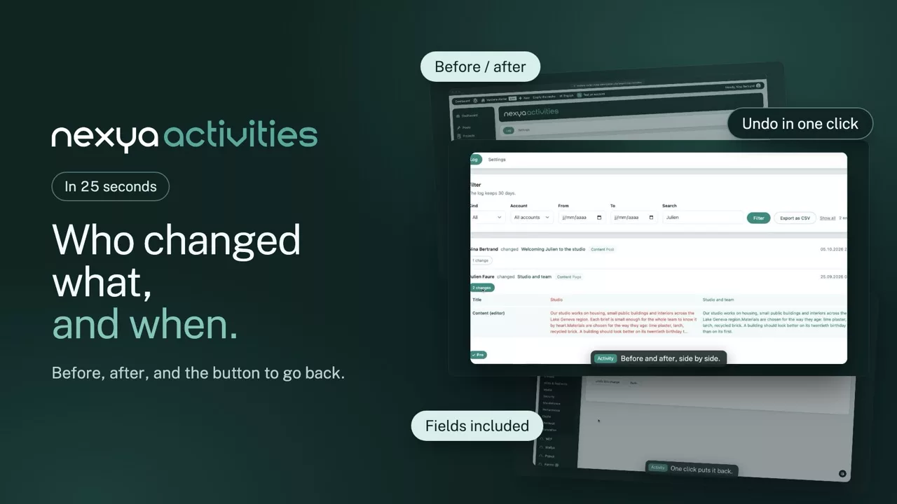 nexya activities on video: WordPress activity log, field by field