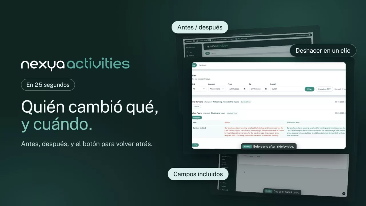 nexya activities en vídeo: Registro de actividad de WordPress, campo a campo