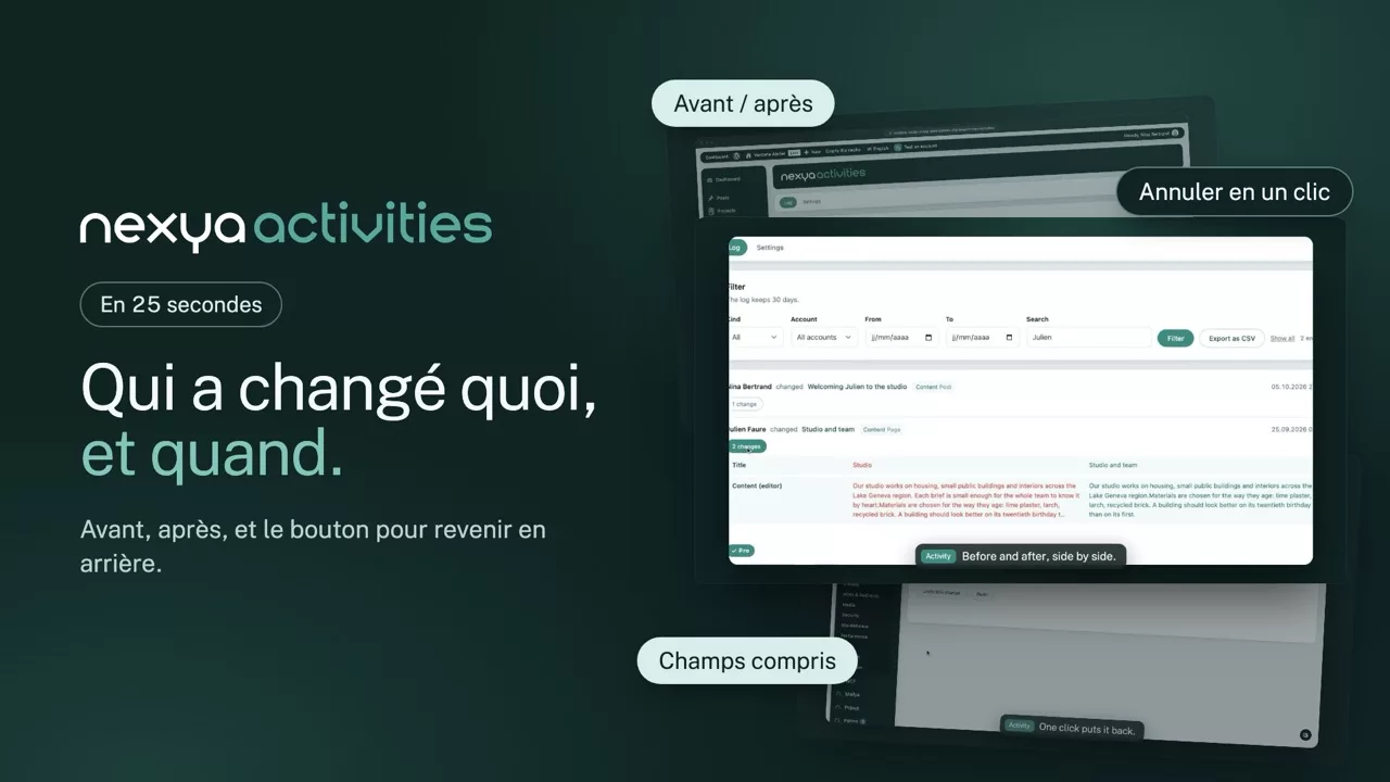 nexya activities en vidéo : Journal d’activité WordPress, champ par champ