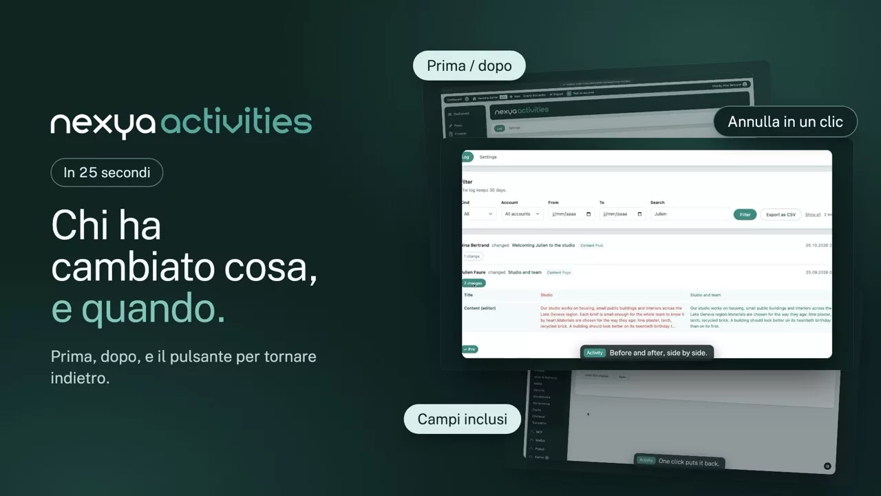 nexya attività in video: Registro attività WordPress, campo per campo