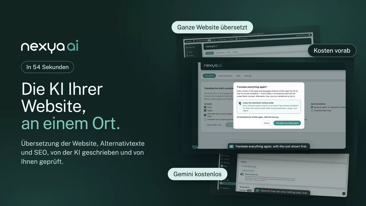 nexya KI im Video: Die KI Ihrer Website an einem Ort: SEO-Texte, Alternativtexte und die Übersetzung der ganzen Website, von Ihnen geprüft, bevor sie gespeichert werden.