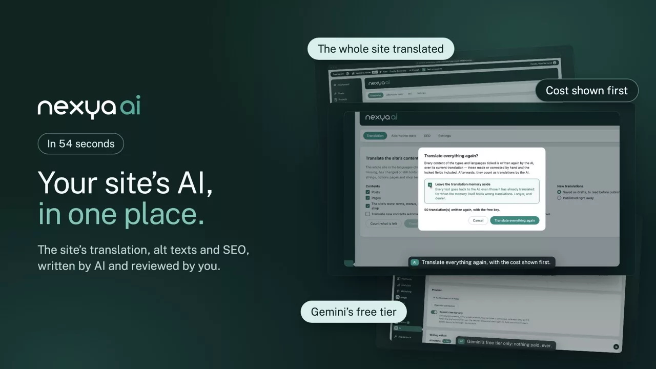 nexya AI on video: Your site’s AI in one place: SEO texts, alt texts and the translation of the whole site, reviewed by you before they are saved.