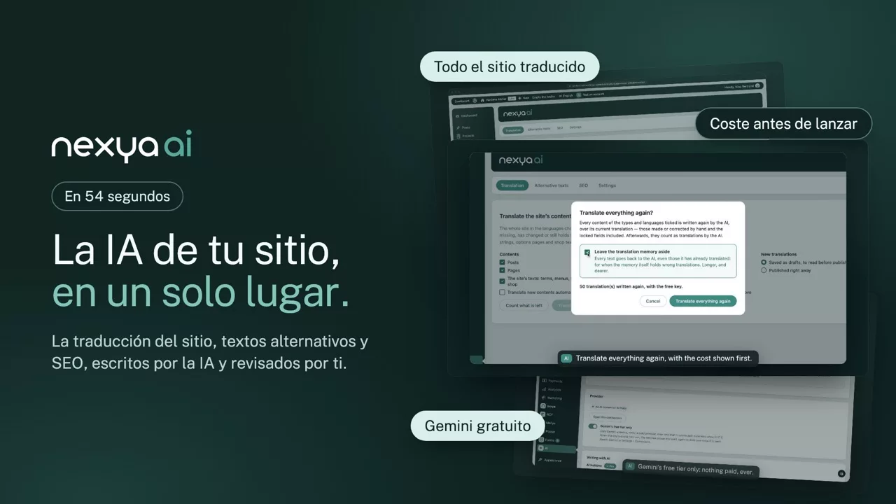 nexya IA en vídeo: La IA de su sitio en un solo lugar: textos SEO, textos alternativos y la traducción de todo el sitio, revisados por usted antes de guardarse.