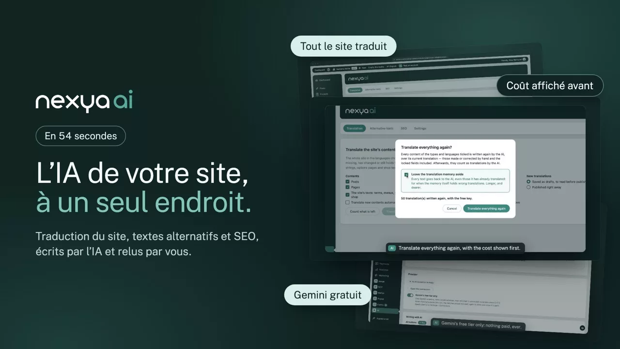 nexya IA en vidéo : L’IA de votre site à un seul endroit : textes SEO, textes alternatifs et traduction de tout le site, relus par vous avant d’être enregistrés.