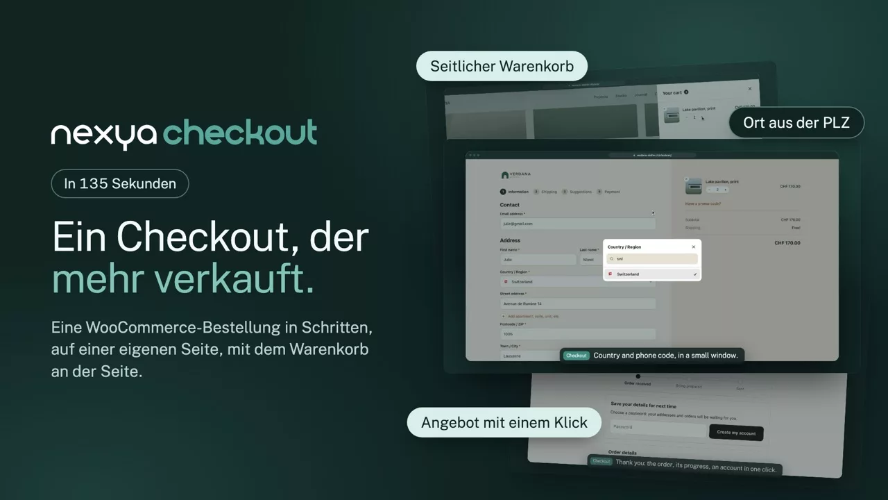 nexya Checkout im Video: Eine WooCommerce-Bestellung in Schritten, auf einer eigenen Seite, mit dem Warenkorb an der Seite und Vorschlägen im richtigen Moment.