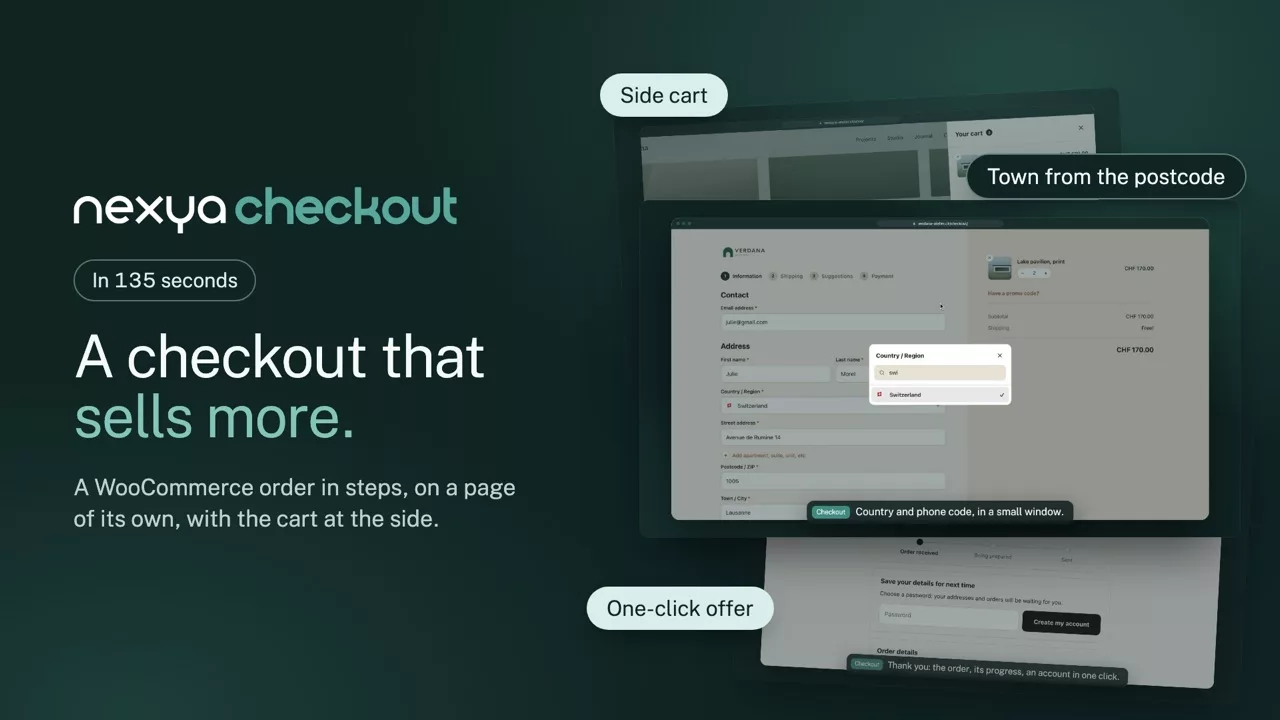 nexya Checkout on video: A step-by-step WooCommerce order, on a page of its own, with the cart on the side and suggestions at the right moment.
