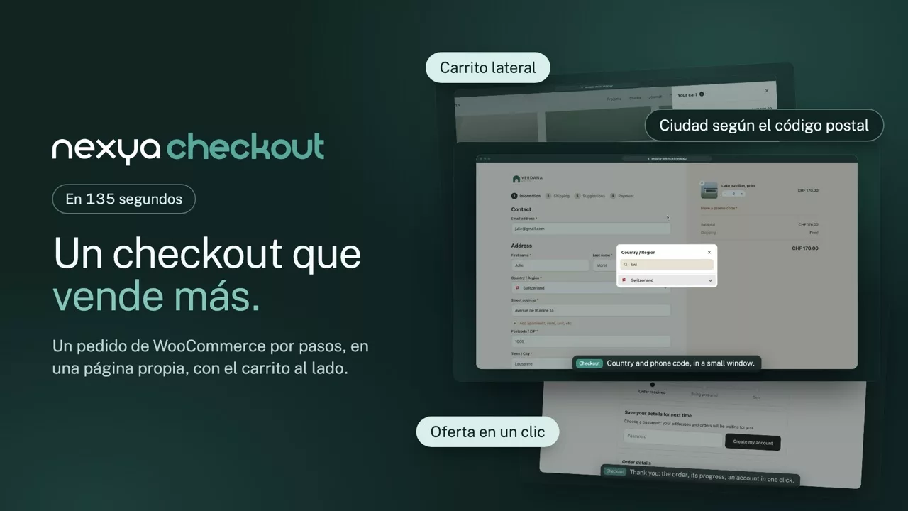 nexya Checkout en vídeo: Un pedido de WooCommerce por pasos, en una página propia, con el carrito a un lado y sugerencias en el momento justo.