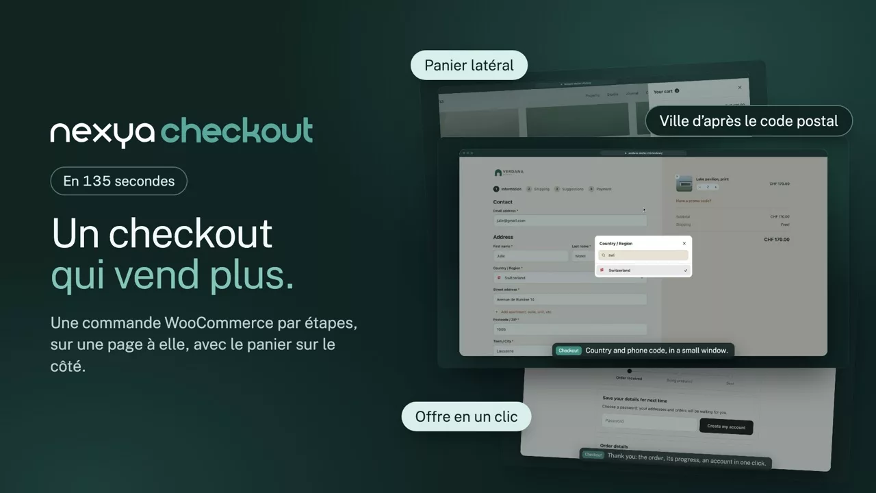 nexya Checkout en vidéo : Une commande WooCommerce par étapes, sur une page à elle, avec le panier sur le côté et des suggestions au bon moment.