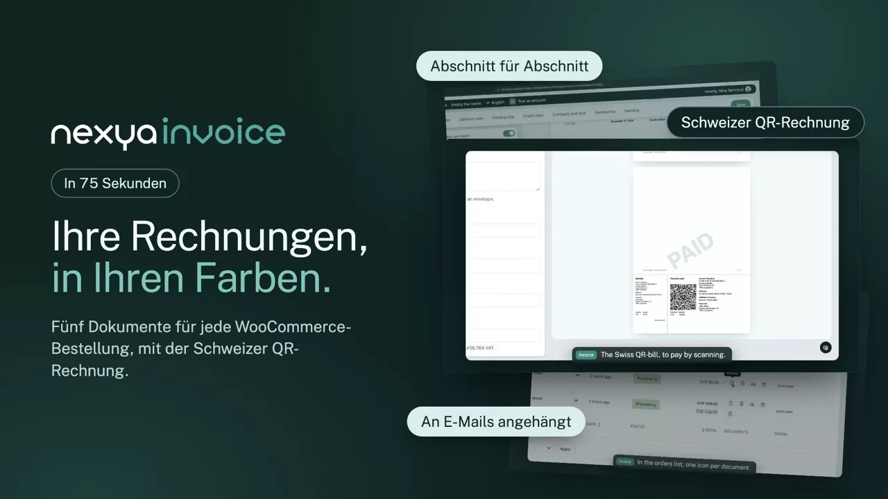 nexya Invoice im Video: Die PDF-Rechnungen von WooCommerce in Ihren Farben, an die E-Mails angehängt, mit der Schweizer QR-Rechnung unten auf der Seite.