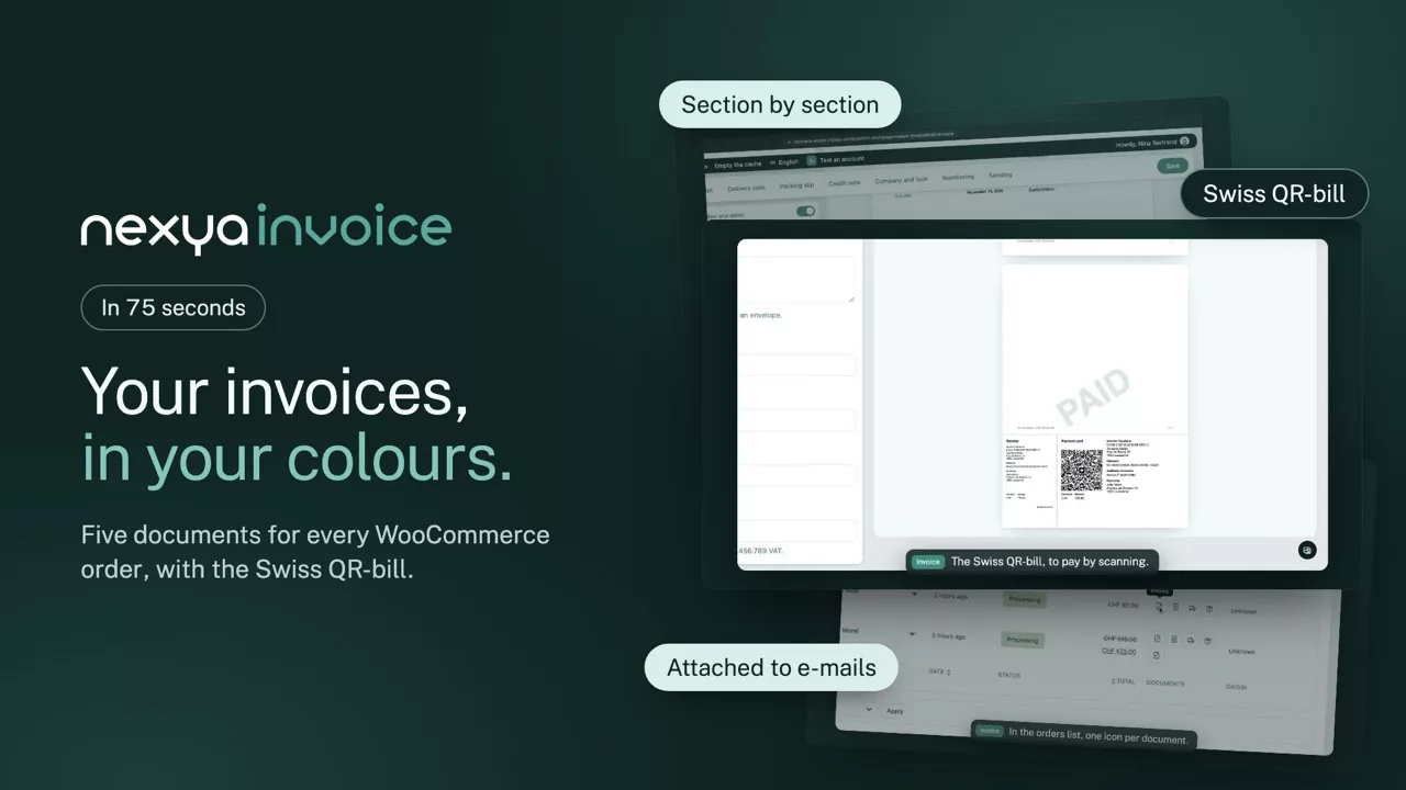 nexya Invoice on video: WooCommerce PDF invoices in your colours, attached to the e-mails, with the Swiss QR-bill at the bottom of the page.