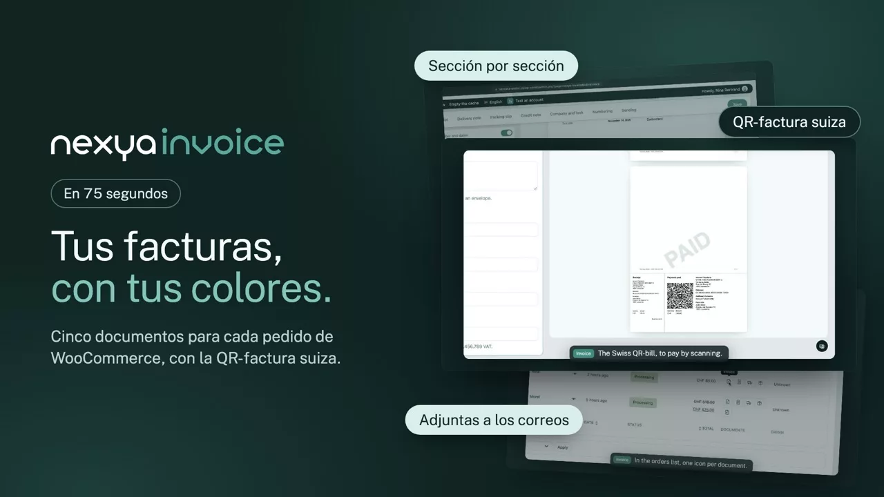 nexya Invoice en vídeo: Las facturas PDF de WooCommerce con tus colores, adjuntas a los correos, con la QR-factura suiza al pie de la página.