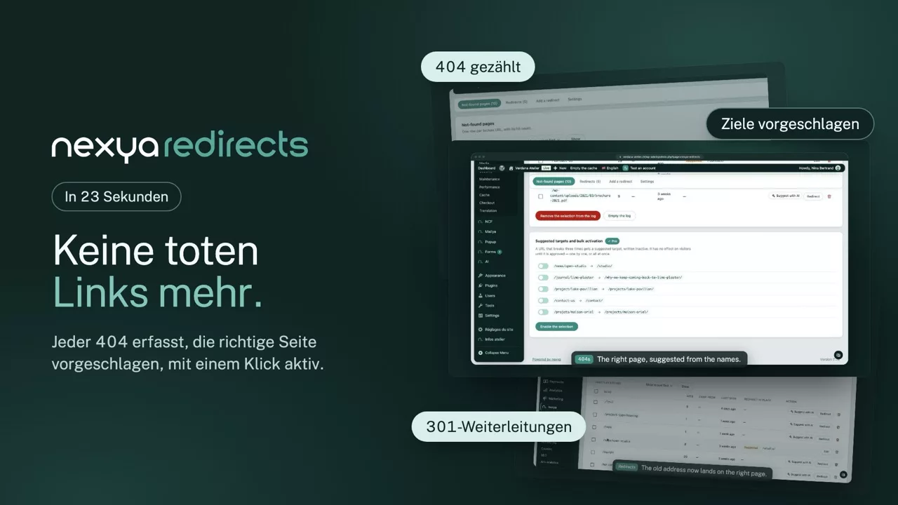 nexya redirects im Video: 301-Weiterleitungen und 404-Fehler in WordPress