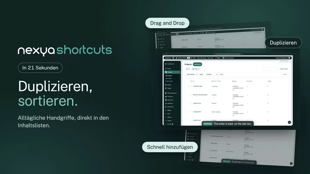 nexya shortcuts im Video: WordPress-Seiten duplizieren und umsortieren