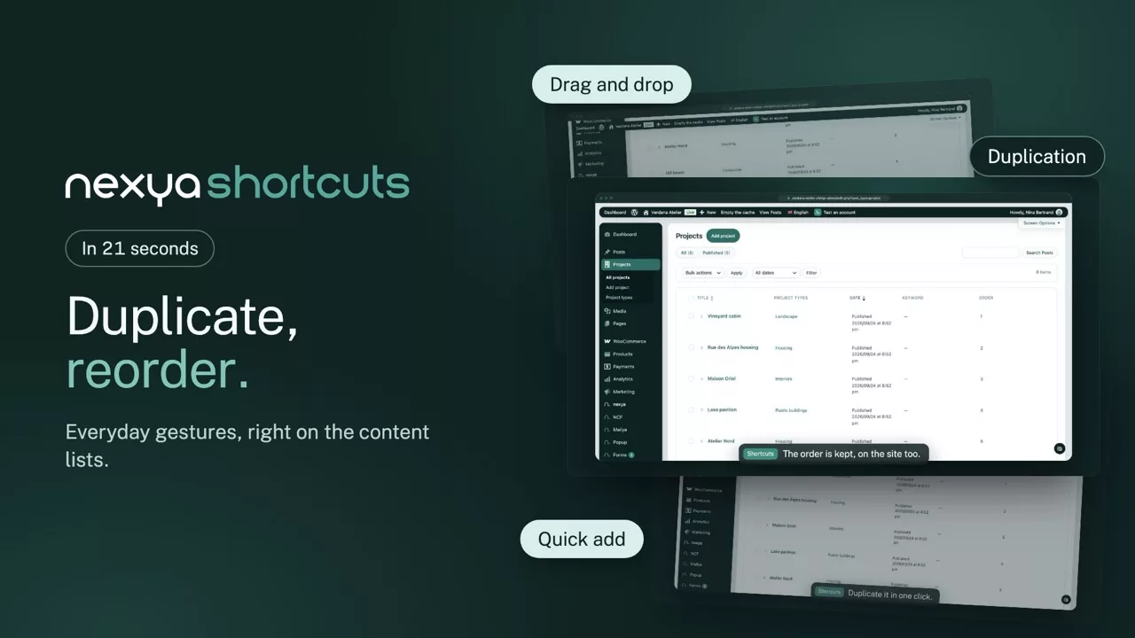 nexya shortcuts on video: Duplicate a WordPress page and reorder