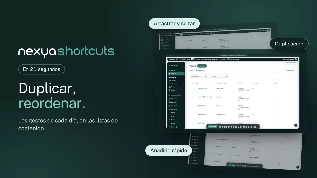 nexya shortcuts en vídeo: Duplicar una página de WordPress y reordenar