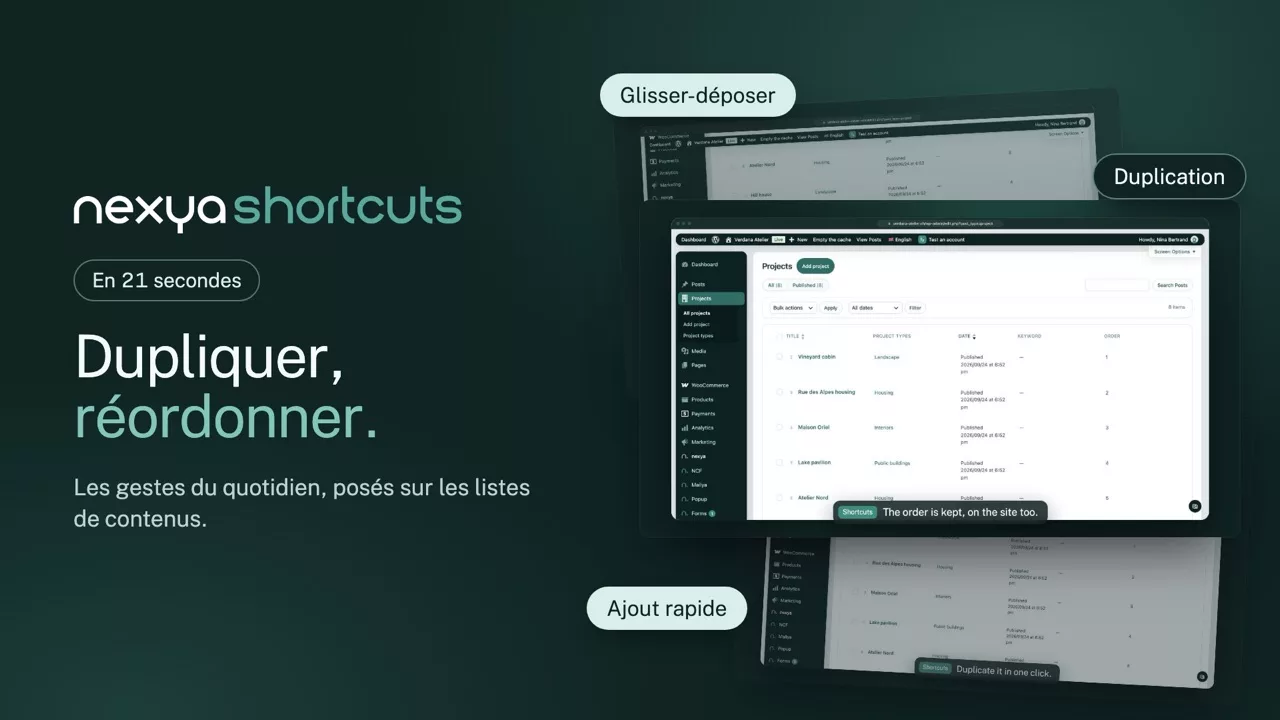 nexya shortcuts en vidéo : Dupliquer une page WordPress et réordonner