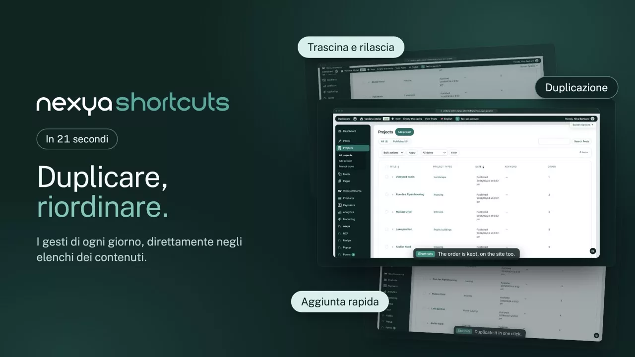 nexya scorciatoie in video: Duplicare una pagina WordPress e riordinare
