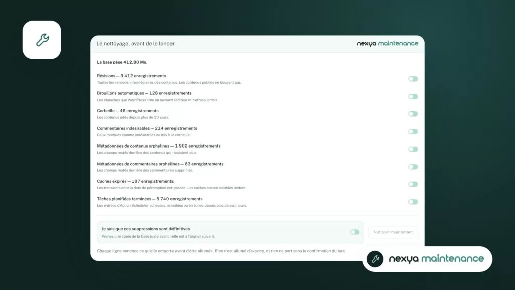 Le nettoyage de la base dans le module Maintenance, à faire après un export.