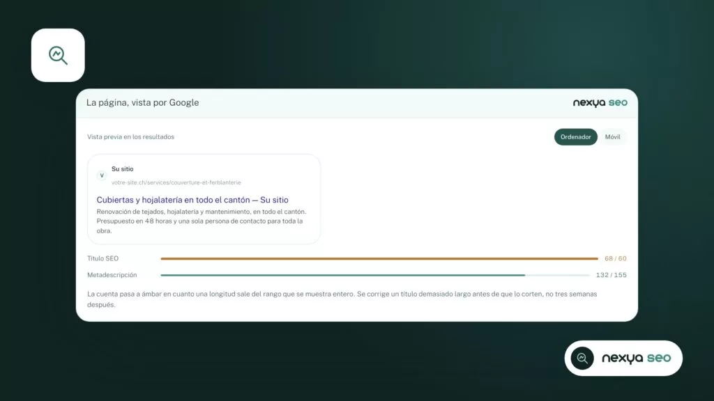 El título y la descripción tal como aparecerán en Google, para compararlos con el código fuente de la página.