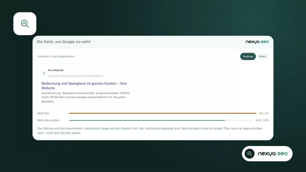 Das SEO-Modul: Titel und Beschreibungen in den Ergebnissen sowie IndexNow, um Bing und Yandex zu benachrichtigen, sobald sich eine Seite ändert.