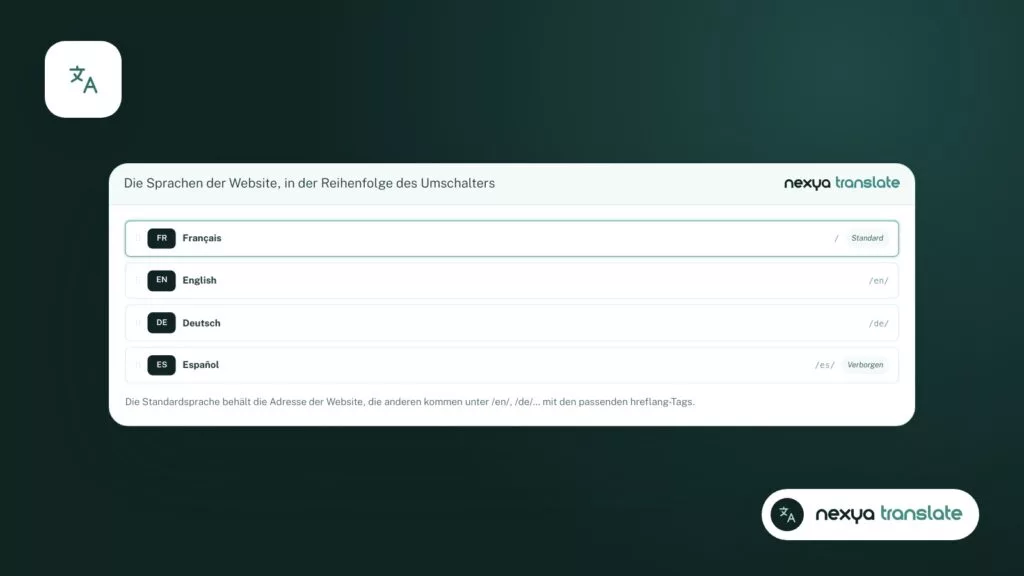 Die Website-Sprachen in Translate, wo das nexya_lang-Cookie nun deaktiviert werden kann.
