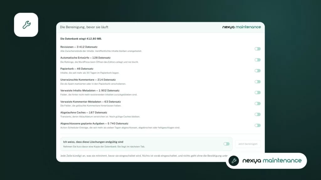 Die Bereinigung der Datenbank wird über das Wartungsmodul gestartet, vorzugsweise direkt nach einem Export.